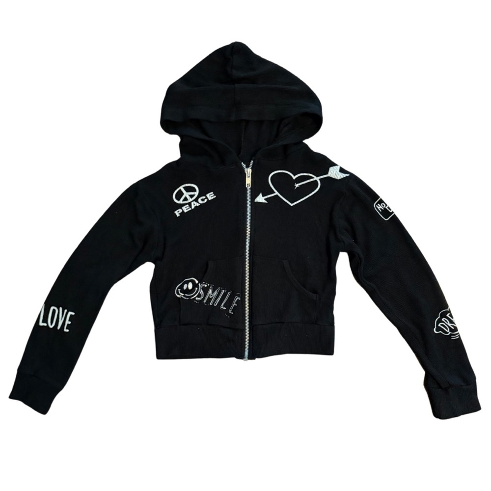 Flowers by Zoe Girls Black zip-up hoodie + white peace love design like new sz S